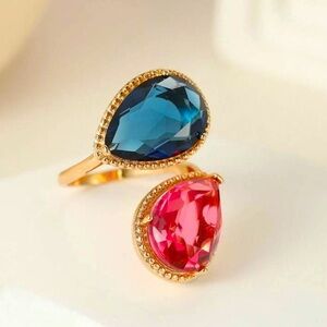 Crystal Sapphire Pink Gemstone Pear Shaped Open Adjustable Ring